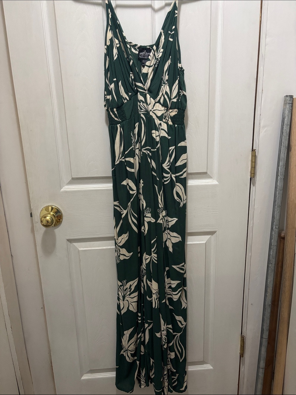 Angie Dark Green Floral Maxi Jumpsuit with Cream Print